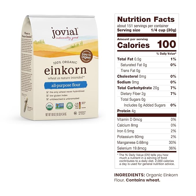 Jovial Organic Einkorn Unbleached All Purpose Flour - Bread Baking Flour for Sourdough, High Protein, Non-GMO, Organic Pizza & Pasta, European Italian, Glyphosate Free - 32 Oz, 5 Pack