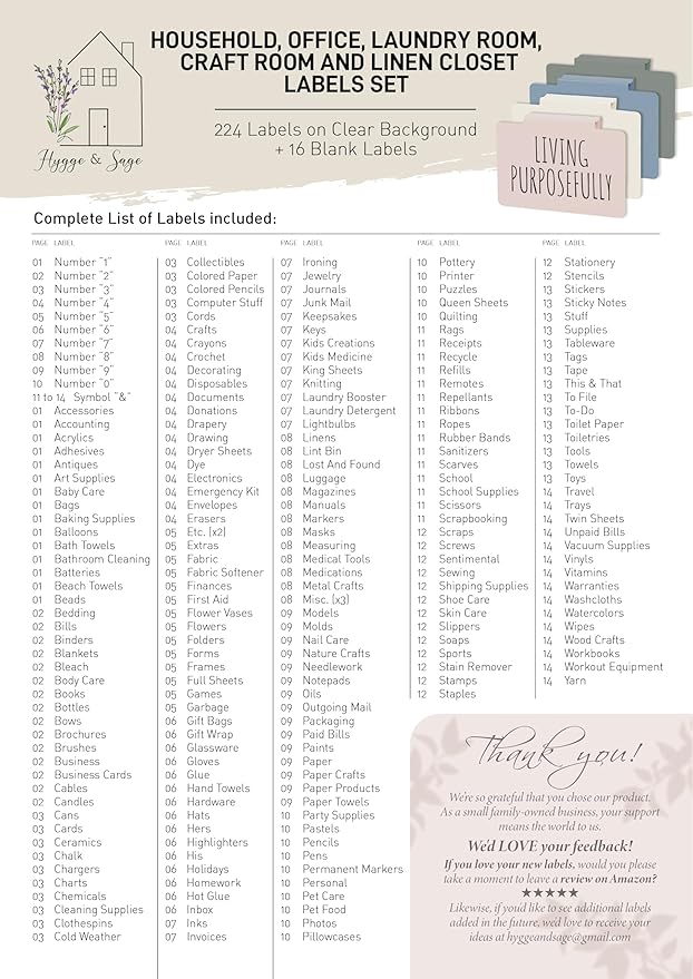 Hygge & Sage Minimalist Household Labels for Organizing - 224 Preprinted Waterproof Sticker Labels + 16 Blank Labels for Home Office, Craft Room, Linen Closets, and Laundry Organization and Storage