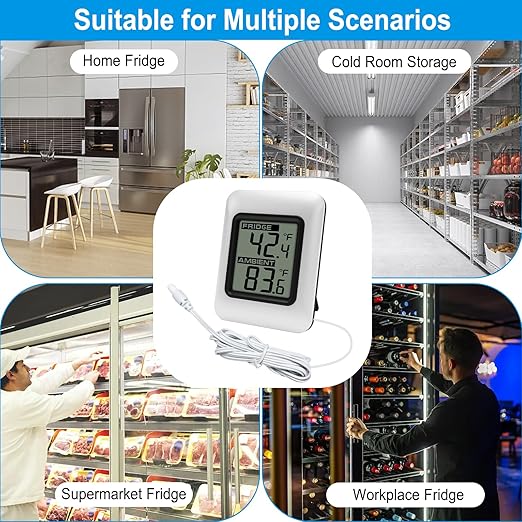 Urageuxy Digital Refrigerator Thermometer with Large LCD, Wired Freezer Room Indoor Outdoor Thermometer with Magnetic Back, Easy to Read