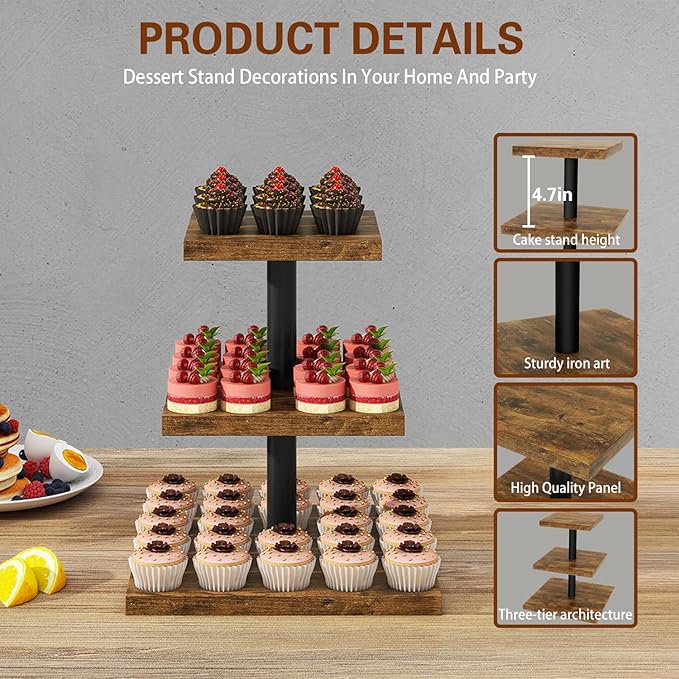IBUYKE 3 Tier Cupcake Stand,Set of 2,Cupcake Tower,Square Serving Dessert Display Stand,Cupcake Tray Stand,Dessert Tree Tower for Christmas Birthday,Home Party, Wedding,Rustic Brown UTLJ014H-2