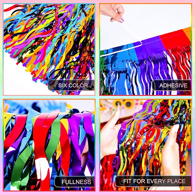 LOLStar Rainbow Party Decorations, 4 Pack Wavy Metallic Tinsel Foil Fringe Table Skirts, Perfect Table Decors for Birthday Holiday Wedding Engagement Bridal Shower Pride Party Cartoon Party
