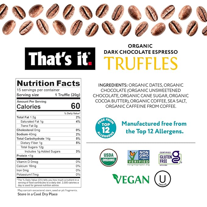 That's it. Organic Dark Chocolate Espresso Truffles (1 Truffle = 1 Espresso Shot) Vegan, Gluten-Free, Grab and Go, Allergy Friendly (Espresso - 18 Pack)
