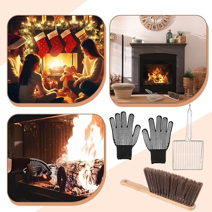 3 Pcs Fireplace Ash Sifter Oven Shovel Hollow Out Ember Recovery Tool Shovel Heat Resistant Silicone Glove Brush Scoop Charcoal(Classic,Stainless Steel)