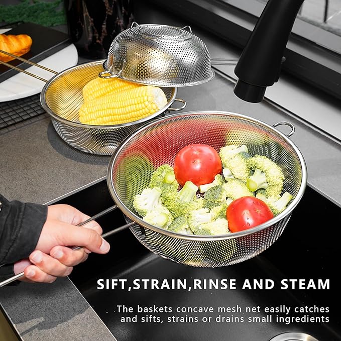 Metal Fine Mesh Strainer and Colander for Kitchen with Handle, Stainless Steel Pasta Strainer/Kitchen Funnel/Collander/Sifter for Strain/Wash Vegetables, Fruits, Spaghetti, Rice (7.8＂)