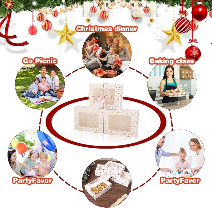 BEVOING 36 Pcs 9x6x3 Inches Christmas Cookie Boxes, White Bakery Boxes with Window Gold Foil Star Treat Boxes 9 Inch Bakery Gift Wrapping Box for Xmas Holiday Party Favor Pastries, Chocolate Covered Strawberries, Dessert, Donut