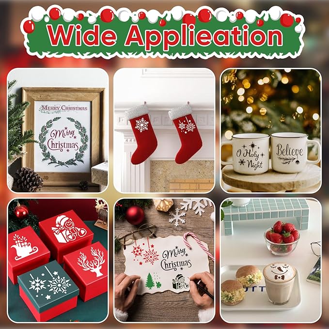 56 Pcs Christmas Stencils for Cookie & Cake Decorating, Reusable Holiday Baking Templates for Royal Icing, Coffee, Cupcake & Dessert Decoration Supplies (Christmas)