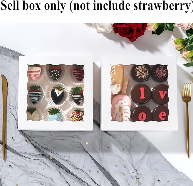 RomanticBaking 24 Pack Bakery Boxes (not include food) 7" x 7" x 2 1/2" White Chocolate Covered Strawberries Boxes Cookies Boxes