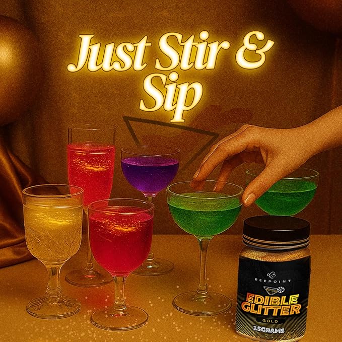 BeePoint Gold Edible Glitter for Drinks 15g - Food Grade, Vibrant Color Shimmer Powdered Dust for Drinks, Cocktails, Cake Decorating, Baking, Chocolates, Candy, Sweets, & Cookies - Vegan & Gluten Free