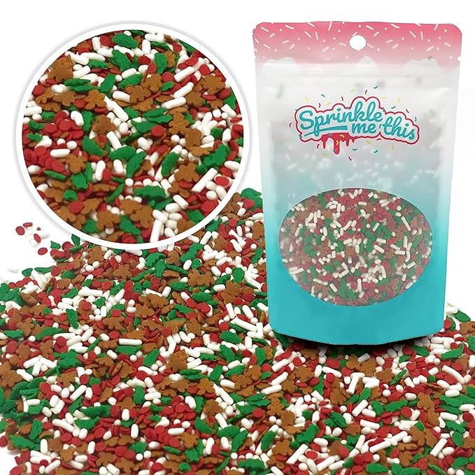 A Little Bit of Christmas - 12 Oz Resealable Stand Up Bag - Featuring Green Holly Leaves, Red Quins, Gingerbread Men, and White Decorettes - Sprinkle Me This