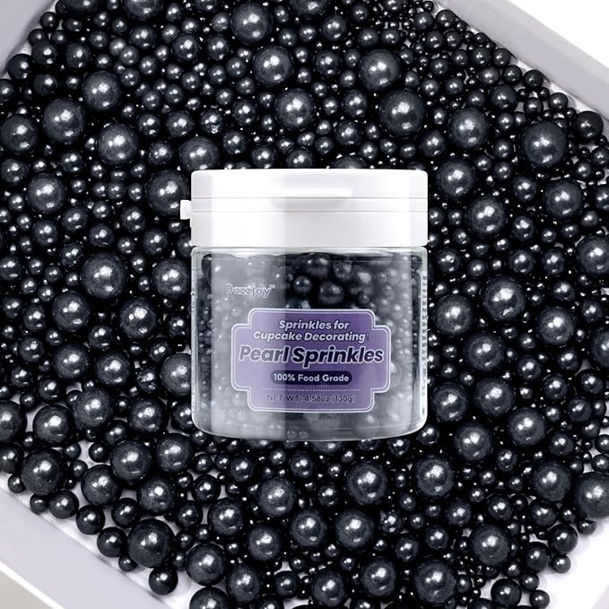 Dazzjoy Edible Black Sugar Sprinkles, Pearl Candy Sprinkles for Cake Decorating, Food Grade, Cupcake Toppers and Black Cake Decorations, Wedding Party Valentines Easter Supplies(130g/4.58oz)