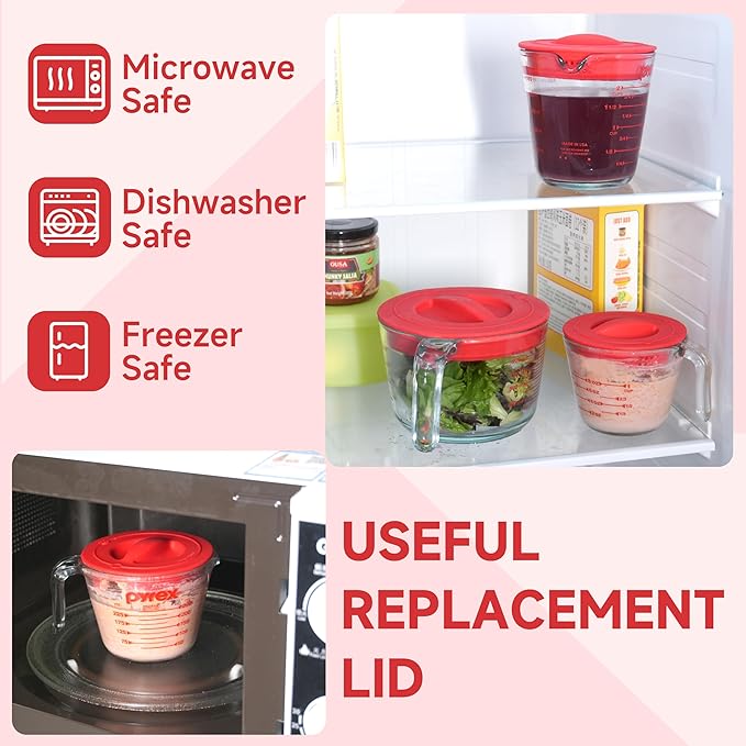 2 Pack Silicone Replacement Lids, Respectively Fits Pyrex 1-Cup & 2-Cup Tempered Glass Liquid Measuring Cups, Reusable & Food-Grade Silicone, Dishwasher & Microwave Safe (Cups not Included)