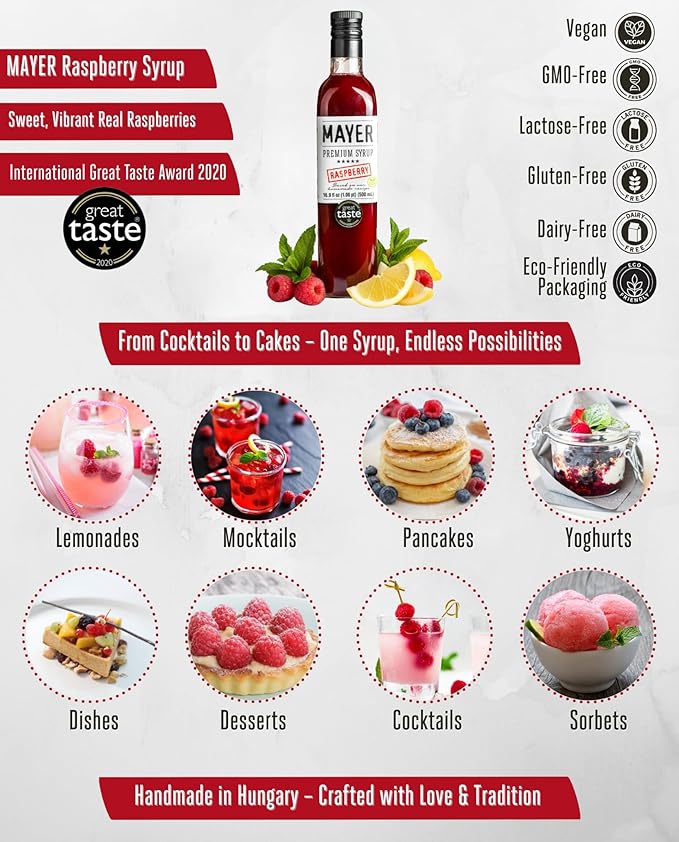 Mayer Raspberry Syrup For Drinks, Award-Winning, All-Natural, Vegan, Gluten-Free, With 100% Real Fruit, Perfect Coffee Syrup & Cocktail Syrup, No Artificial Additives (1 Pack)