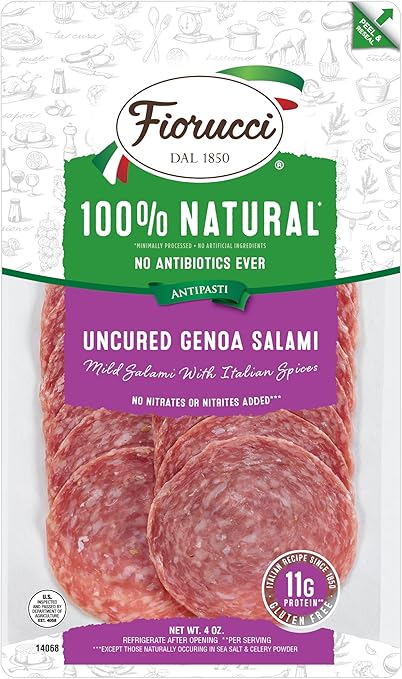 Fiorucci All Natural Uncured Genoa Salami Nuggets, Dry-aged, Wine-marinated and Seasoned with Garlic, Pepper and Anise, No Nitrites & Antibiotic Free Pork, 11g of Protein, 4 Oz (Pack of 1)
