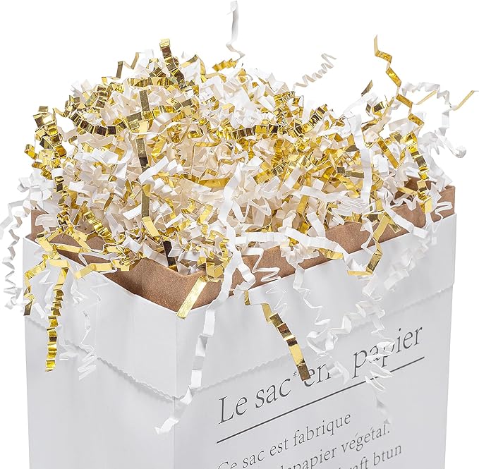 Mefleet 1 LB Crinkle Cut Paper Shred Filler White & Gold Crinkle Shredded Paper for Gift Box - Gift Basket Bag Filler - Grass Cushion Stuffing for Christmas Holiday Packaging Wrapping