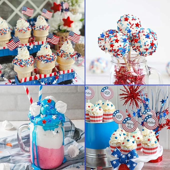 Patriotic Sprinkles Red Blue White Sprinkle 7 Ounce July 4th Sprinkles Blue White Star Sprinkle Edible Jimmies Mix Patriotic Memorial Day Toppings for Cake Cookie Ice Cream Decorations