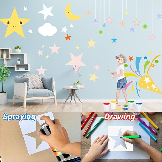 8 PCS Large Star Stencil for Painting,Star Stencils Different Sizes Reusable Plastic Stencils for Painting Spraying Drawing on Wall Wood Flag Paper