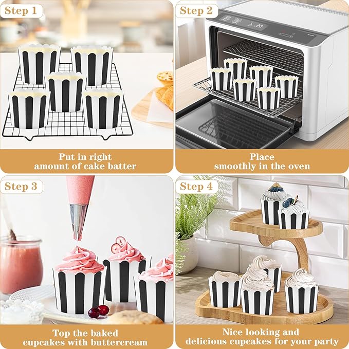 200 Pcs Black and White Cupcake Liners, Paper Baking Cups, Greaseproof Muffin Liners, Elegent Cupcake Muffin Cases, Disposable Cupcake Wrappers for Baby Shower Birthday Themed Party
