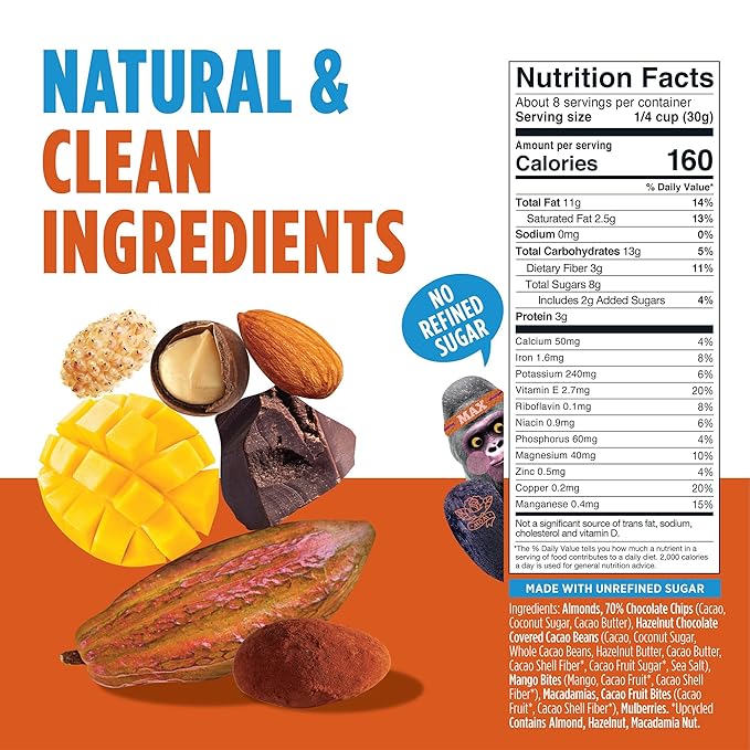 Blue Stripes - Trail Mix, 70% Chocolate Chips, Almonds, Macadamia Nuts, Mango, Healthy Snacks for Adults, Whole 70% Cacao, With Unrefined Sugar, Non GMO, Gluten Free, Vegan, 8 oz
