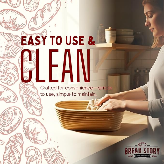(10x6 inch) Oval Proofing Basket Set by Bread Story Oval Brotform Handmade Unbleached Natural Cane Bread Baking Kit with Cloth Liner Bread Baking e-book Course