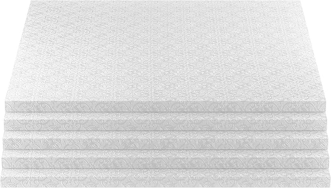 O'Creme Cake Board, White Square Cake Drums with Gorgeous Design, Sturdy & Durable 1/2' Thick, 10' x 10' Inch, Pack of 5 Disposable Drums