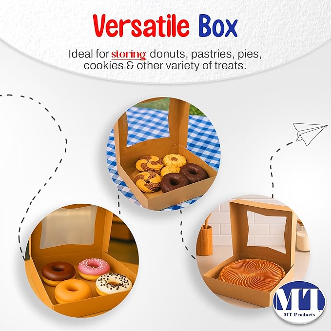 MT Products Kraft Bakery Boxes 9" x 9" x 2.5" - Auto Pop-Up Pie or Cake Boxes with Window (Pack of 15) - Made in the USA
