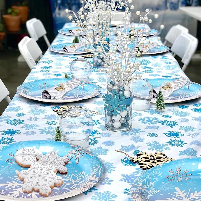 AFZMON 50 Pack Frozen Party Plates Dessert Paper Dinnerware Plates, 7 Inch Winter Snowflake Theme Disposable Round Plate for Christmas Xmas Winter Wonderland Frozen-theme Party Supplies