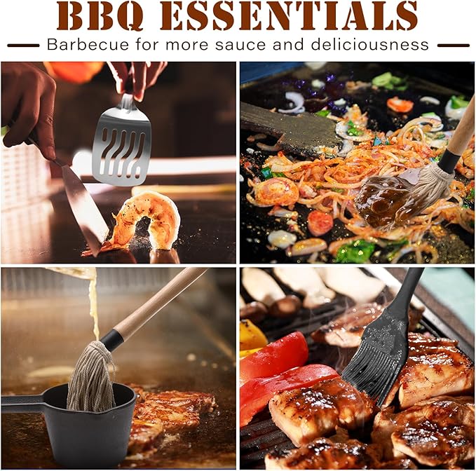 BBQ Mop Brushes for Sauce and Cast Iron Sauce Pot for Grilling, 2PCS Wooden Handle Mop Brushes 18+11 Inch with 4PCS Replacement Silicone BBQ Basting Brush for Cooking Grill Spatula