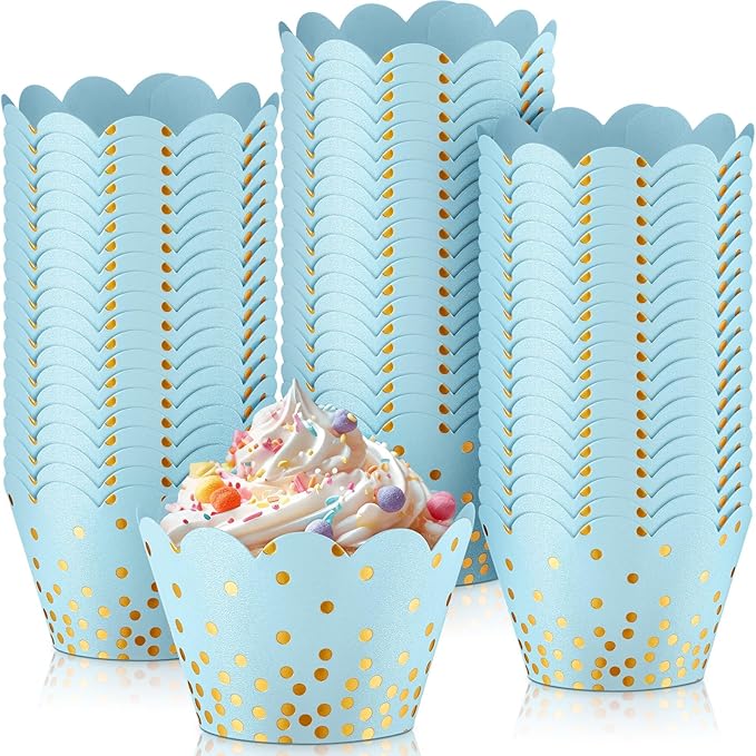 Zhehao 60 Pcs Gold Polka Dots Cupcake Wrappers Adjustable Graduation Cupcake Liners Paper Baking Cups Disposable Muffin Liners Holders for Birthday Baby Shower Wedding Party Supplies(Light Blue)
