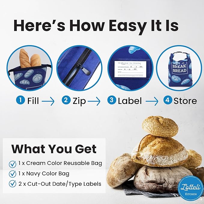 LOTTELI Reusable Bread Bags for Homemade Bread & Sourdough – 2 Pack Washable Cloth Storage Bags with Zipper, Buckle & Date Label Pocket – Eco-Friendly Gift for Bakers