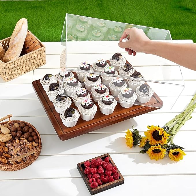 HouseJoy Acacia Wood Cake Stand with Lid-Extra Large 17" Rectangular Cake Holder，2-in-1 Dessert Table Display Set & Charcuterie Board，Acrylic Cake Dome Cover for Cheese/Veggie/Desert /Chips & Dip