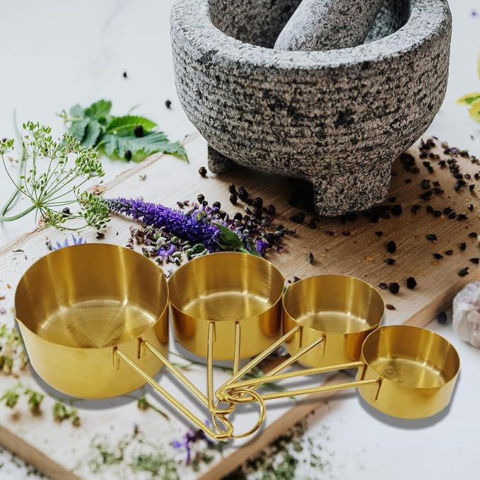Gold 304 Stainless Steel Measuring Cup and Spoon Set, Stackable, 8-Piece, Long Handle for Narrow Bottles, Premium Gold Kitchen Utensils for and Cooking