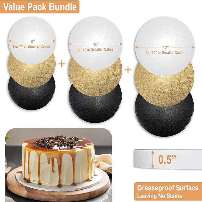 BOARDS+ 9 Pack Cake Drums 8, 10 & 12 Inch in White, Black & Gold Color | 1/2" Thick CakeBoard Circle Rounds + Free Prop Up Tools | Fully Greaseproof, Sturdy for Heavy/Tiered Cakes