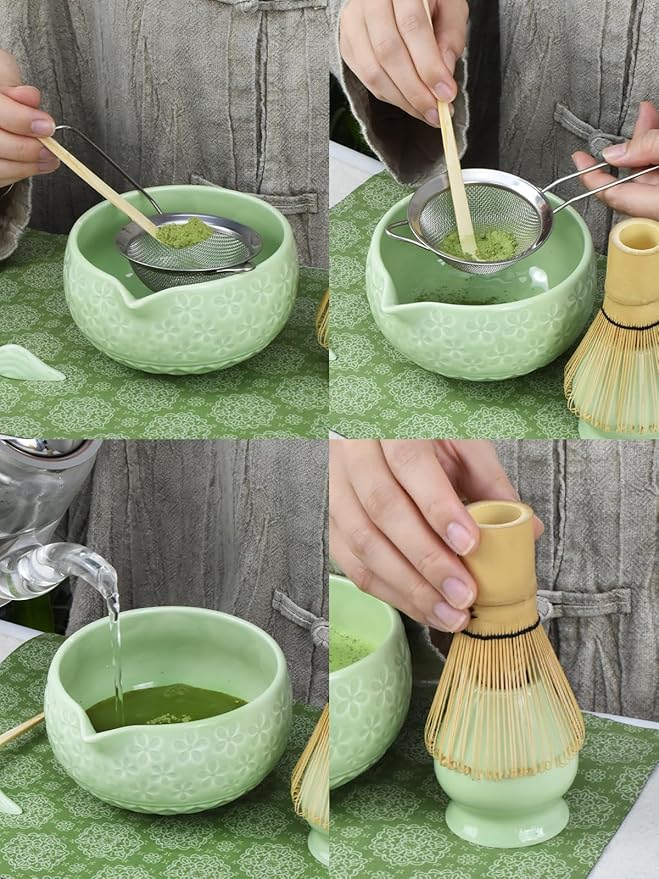 Artcome Matcha Tea Set – Green Sakura Embossed Ceramic Bowl 17oz with Bamboo Whisk, Whisk Holder, Strainer, Scoop, Tea Spoon, Cloth – Traditional Japanese Matcha Kit for Daily Use & Gift Giving