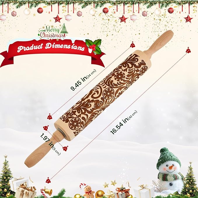 Gobam Embossed Rolling Pin for Cookies, Engraved Wooden Rolling Pin for Baking, Deep Pattern Cookie Roller for Christmas, Holiday, DIY Kitchen Decor and Gift - Snowflake