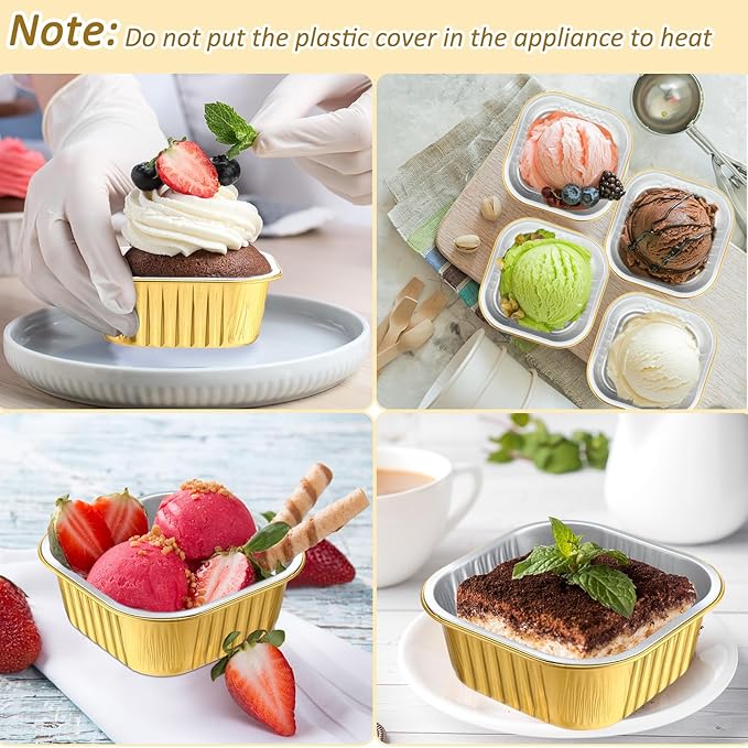 Aoriher 300 Pieces 10 oz Mini Cake Pans with Lids, Aluminum Foil Baking Cups, Square Disposable Cupcake Cups Baking Tins for Wedding Birthday Party Supplies(Yellow, Silver)