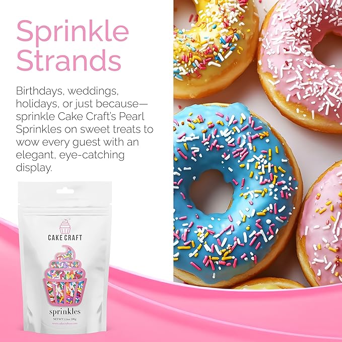 Cake Craft Rainbow Sugar Strand Sprinkles (Jimmies) – 3-Pack (100g Each) | Classic Multi-Color Sprinkles for Cakes, Cupcakes, Cookies, Ice Cream & More | Vibrant Color & Sweet Crunch