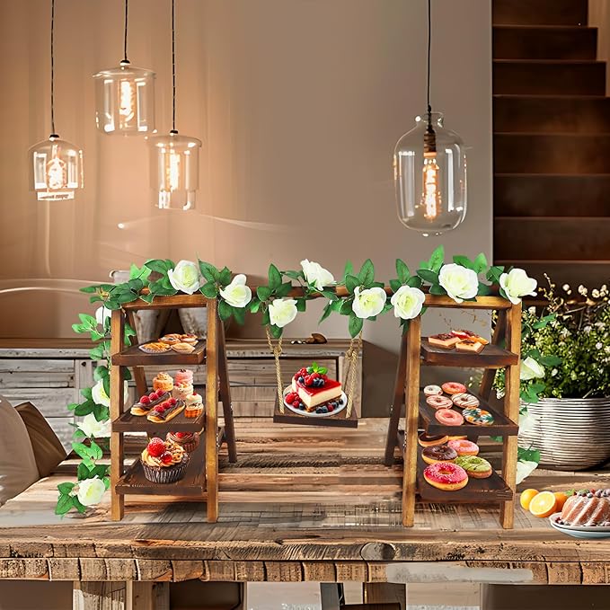 3 Tier Cupcake Stand with Swing and Flower,Wooden Cupcake Display Stand Set,Removable Trays and Foldable Stand for Cake Snack Fruit Chips Bread, Table Display at Birthday Wedding Party Home Decor
