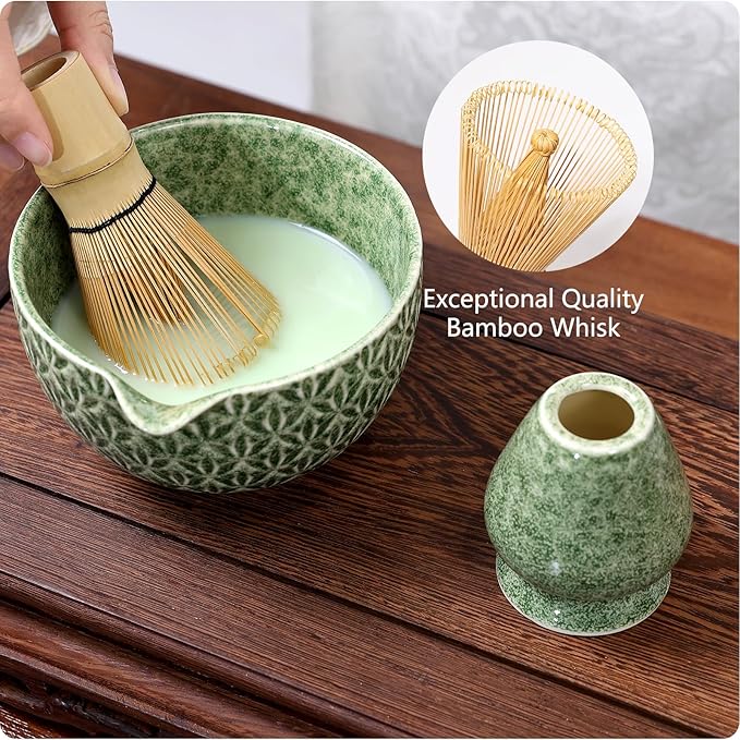 7 Pcs Matcha Whisk Set, Ceremony Matcha Kit with Matcha Bowl, Bamboo Whisk and Holder, Scoop and Scoop Rest, Sifter and Tea Towel, Gift for Matcha Lovers (Mottled Green/Bamboo Leaf-Patterned)