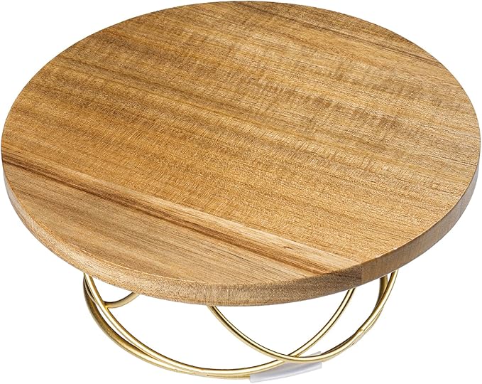 MyGift 10 Inch Round Cake Stand, Premium Acacia Solid Wood Gold Tone Metal Wire Pizza Pan Serving Stand, Table Display Riser for Cupcake Pie Dessert Wedding Party Decor