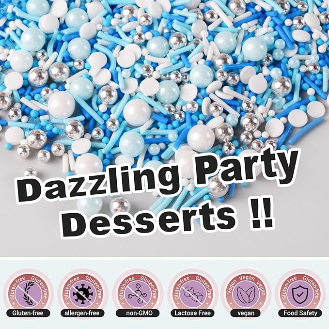 HUEBEATY 6-in-1 Blue and White Sprinkles for Cake Decorating – 180g/6.36oz Edible Baby Shower, Hanukkah, Frozen & Winter Sprinkles with Baby Blue Sugar, Nonpareils, Pearls & Jimmies for Cupcakes, Cookies, Ice Cream