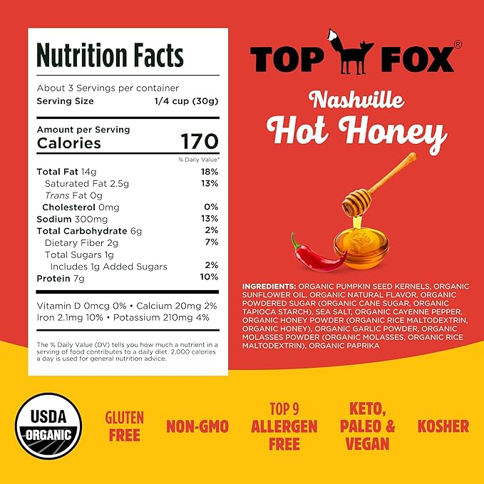 Top Fox Snacks Pumpkin Seeds to Eat (Nashville Hot Honey, 3.5 oz – 6 Pack) - Gluten Free Snacks, Protein Snacks, Keto Friendly Snacks, Allergen Free Snacks, Paleo & Vegan - Organic Pop-Roasted