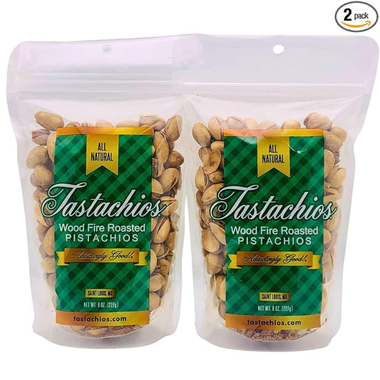 Tastachios Wood Fire Roasted Pistachios - Original Flavor - Gluten-Free, Plant-Based Protein, Non-GMO, Keto-Friendly - Vegan Snack - Roasted Pistachio Nuts - 8oz Resealable Bag (Pack of 2)