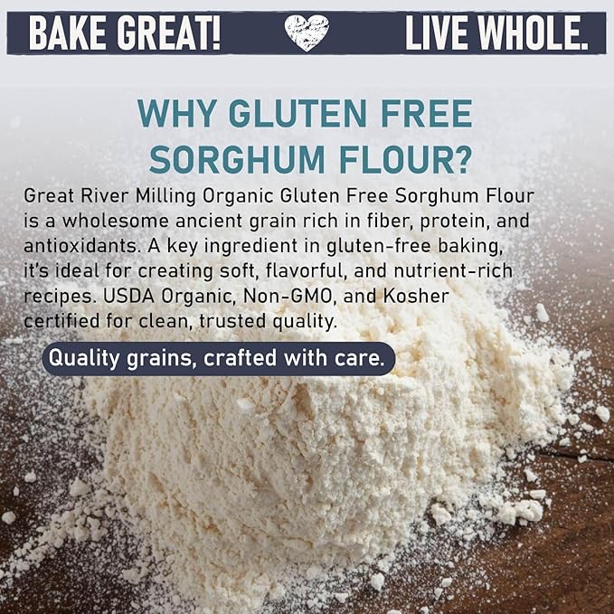 Great River Milling Organic Sorghum Flour | Gluten Free Whole Grain Flour | USDA Organic, Non-GMO, Kosher, Vegan Certified | Mild, Versatile Baking Ingredient for Breads, Cookies & Batters | 5 Lb