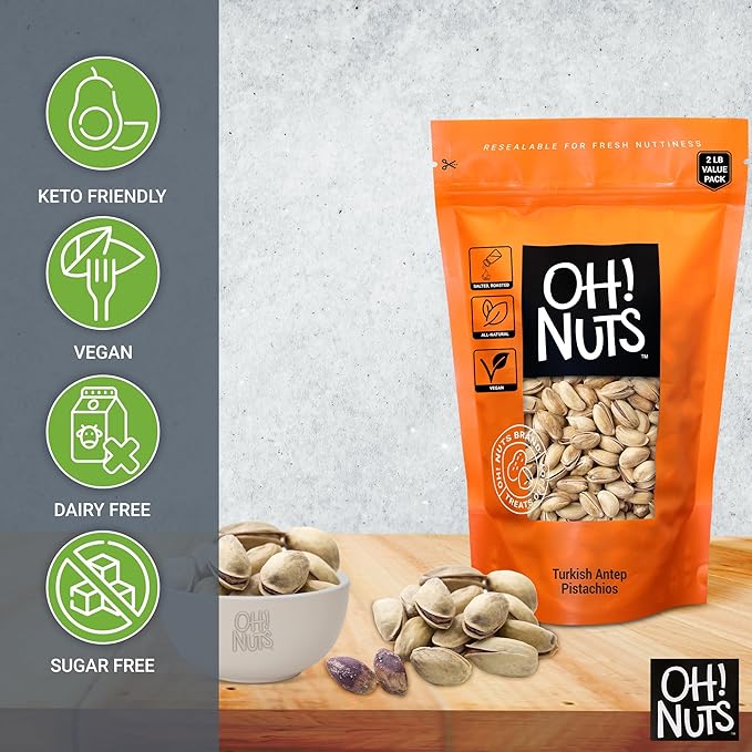Oh! Nuts 2 LB Specialty Pistachios Finely Salted | Imported Turkish Antep Pistachios Roasted and Lightly Salted (Package May Vary)