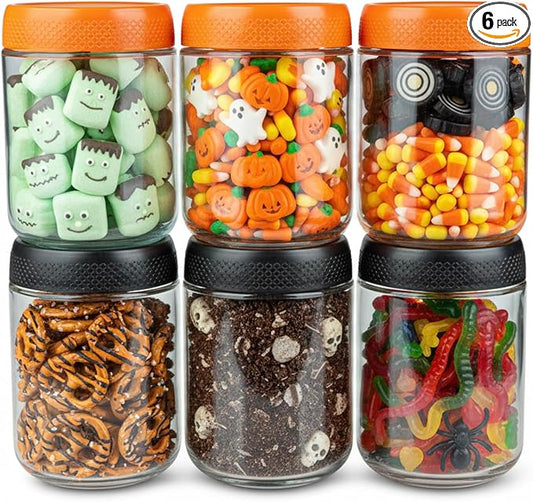 C&O ESSENTIALS 16 oz Glass Mason Jars with Airtight Lids - Wide Mouth Canning Jars for Food Storage, Meal Prep, Overnight Oats, Preserving, Pickling (6-Pack) (Orange & Black - Halloween)