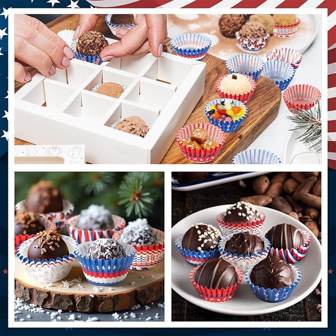 AUGSUN 800pcs 4th of July Mini Cupcake Liners Independence Day Baking Mini Muffin Cupcake Wrappers for Patriotic Holiday Birthday Veterans Party Cake Candy Chocolate Decorations Supplies