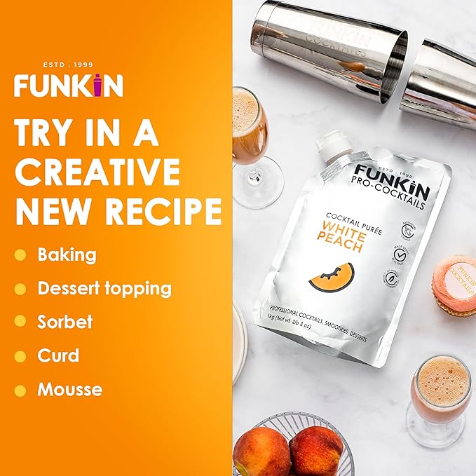 Funkin Fruit Puree | Real Fruit, Simple Ingredient, Natural Mixer for Cocktails, Drinks, Smoothies | Vegan, Non-GMO, Gluten-Free (2.2 lbs) (White Peach)