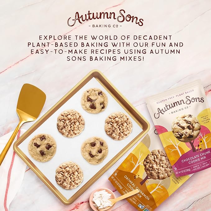 Autumn Sons Baking Co. Gluten Free Chocolate Chunk & Oatmeal Cinnamon Cookie Mix Combo Pack. Vegan Plant Based Baking Mix. Top 9 Allergen Free. 9.3 oz (Pack of 2)