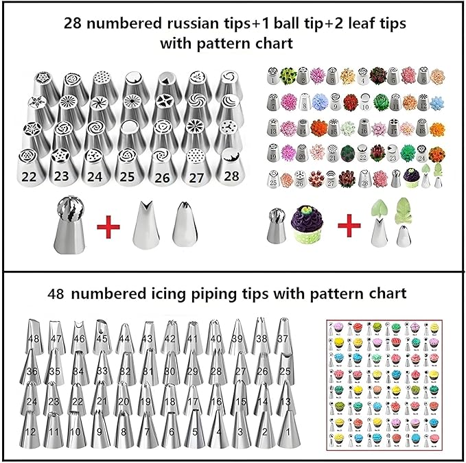 193 Pcs Russian Piping Tips Set, with 28 Numbered Russian Tips,48 Numbered Icing Tips,1 Ball Tip,2 Leaf Tips,Pattern Chart,100 Pastry Bags,4 Couplers,6 Bag Ties for Cake Decorating