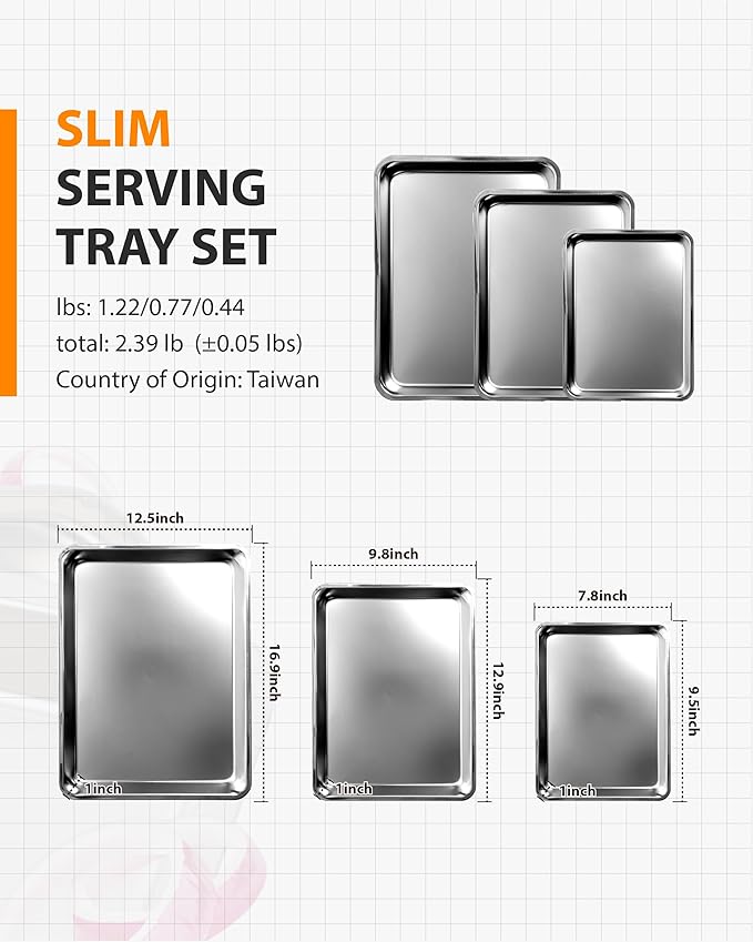 3-Piece Baking Pan Set, 304 Stainless Steel, 1-Inch Deep, Oven Safe to 450°F, Corrosion-Resistant, Easy to Clean, Stackable, 16-Inch, 12-Inch, 9-Inch Sizes